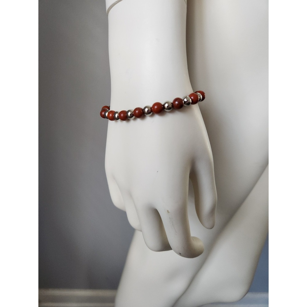 Vintage Red Jasper Beaded Bracelet Stainless Steel Silver Clasp Quartz Gemstone